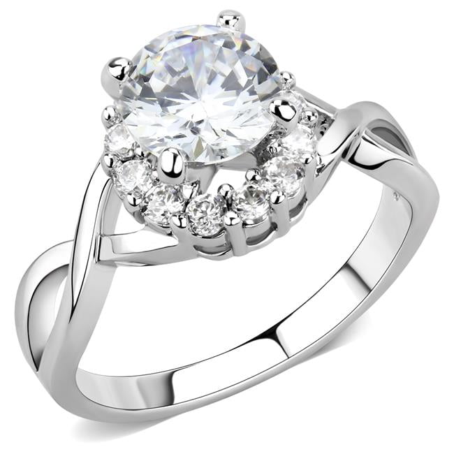 Women Rhodium Brass Ring with AAA Grade CZ in Clear - Size 9