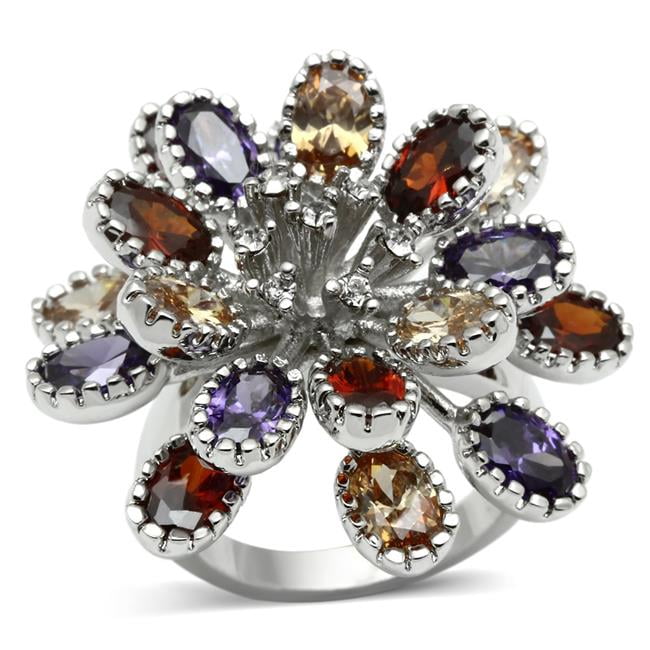 Women Rhodium Brass Ring with AAA Grade CZ in Multi Color - Size 6