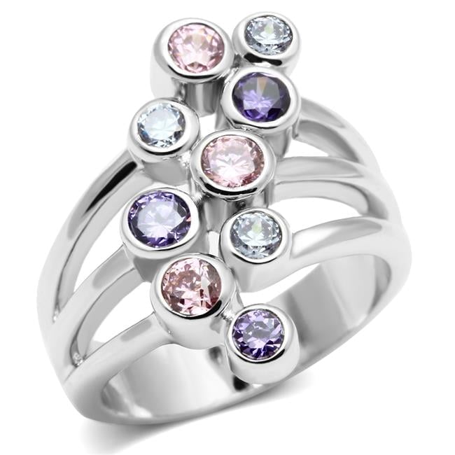 Women Rhodium Brass Ring with AAA Grade CZ in Multi Color - Size 6