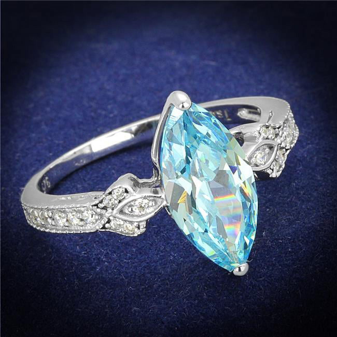 TS502-7 Women Rhodium 925 Sterling Silver Ring with AAA Grade CZ in Sea Blue - Size 7