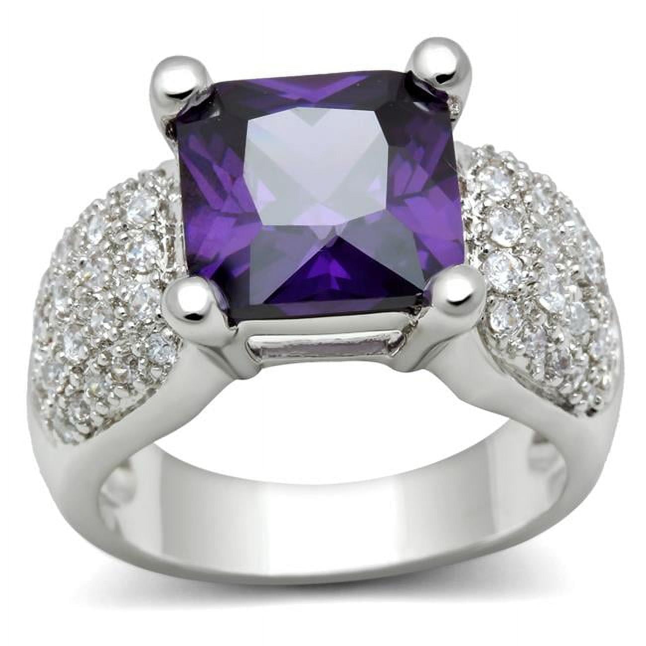 Women Rhodium Brass Ring with AAA Grade CZ in Amethyst - Size 6
