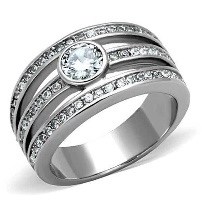 TK1525-8 Women High Polished Stainless Steel Ring with AAA Grade CZ in Clear - Size 8