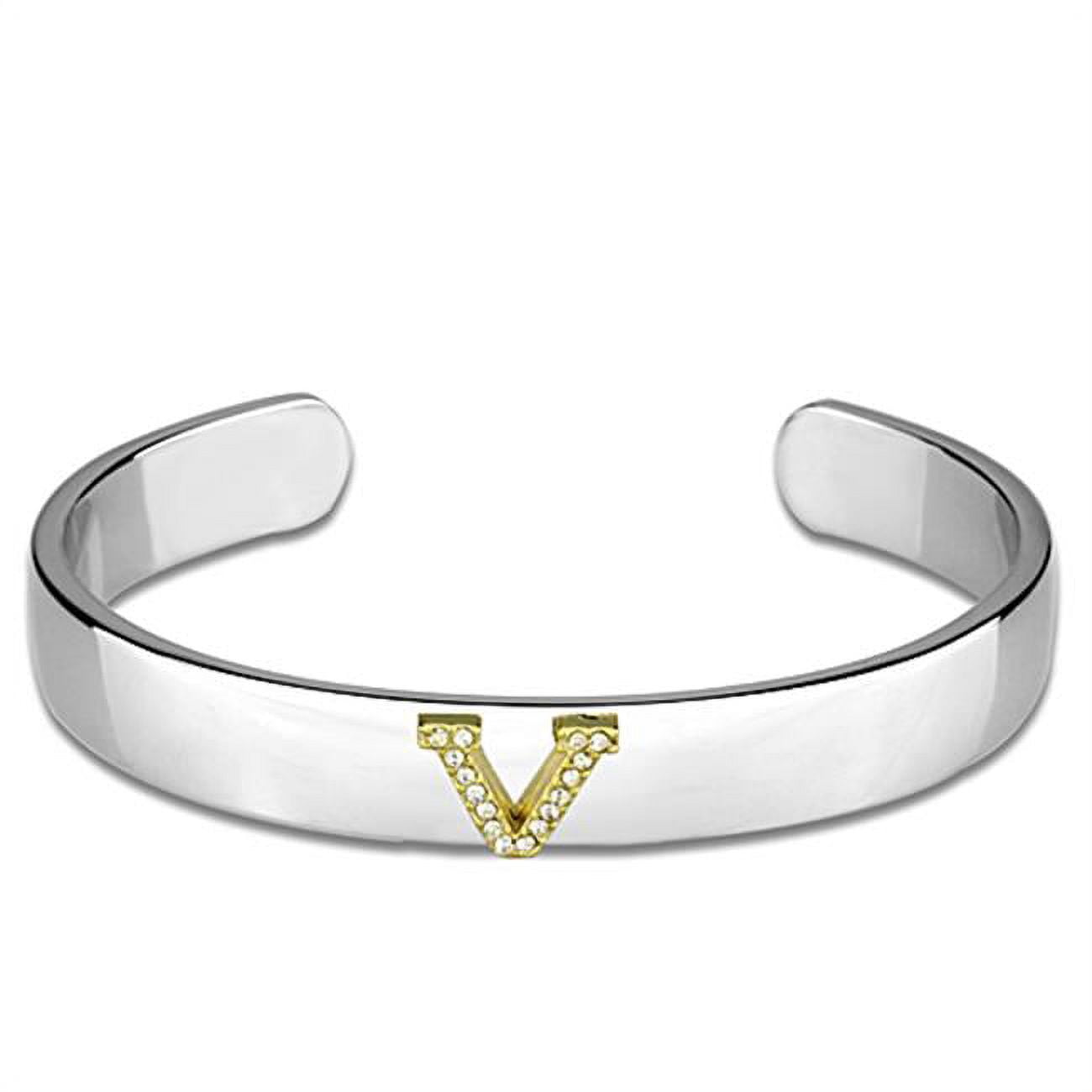 Women Reverse Two-Tone White Metal Bangle with Top Grade Crystal in Clear - 6.75 in.