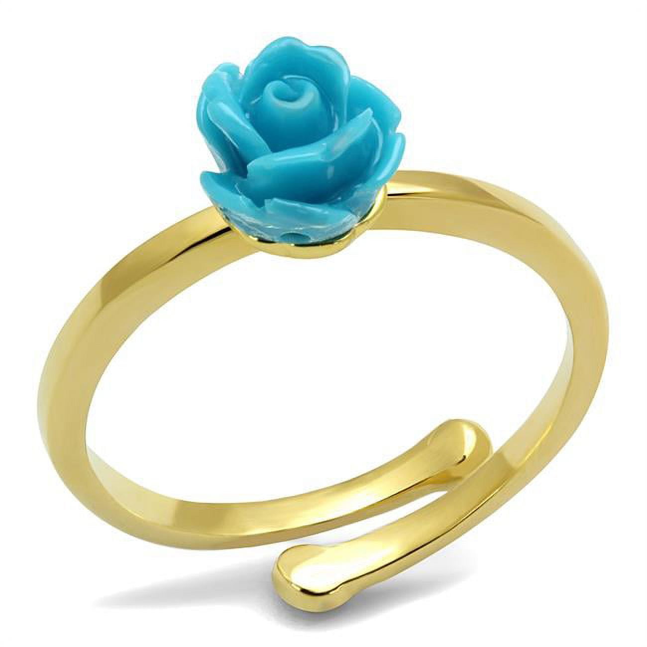 Women Flash Gold Brass Ring with Synthetic in Sea Blue - Size 8