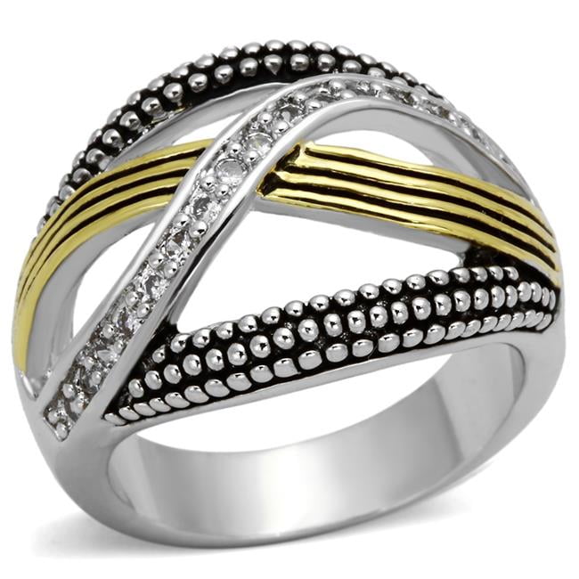 Women Reverse Two-Tone Brass Ring with AAA Grade CZ in Clear - Size 7
