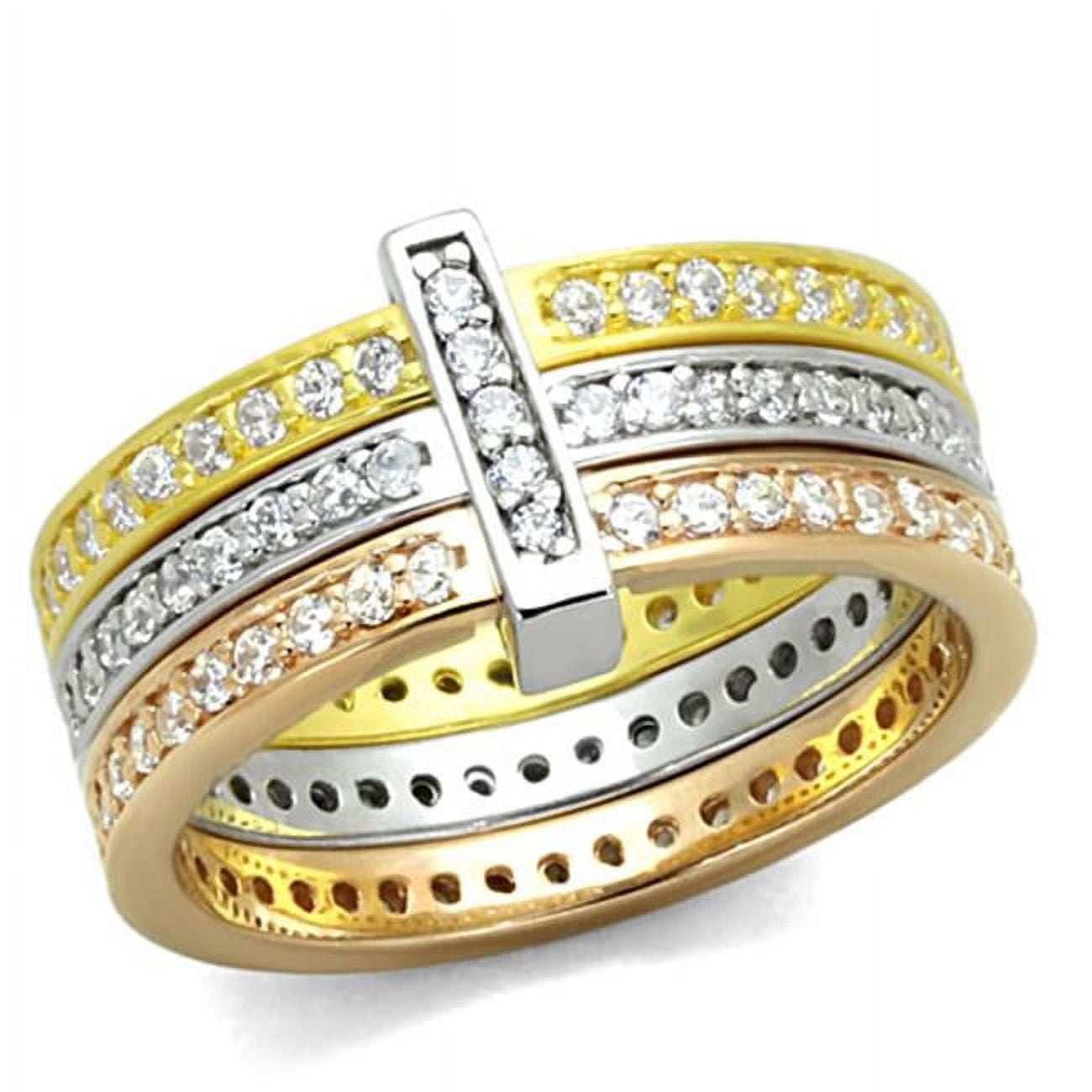 Women Rhodium & Gold & Rose Gold 925 Sterling Silver Ring with AAA Grade CZ in Clear - Size 7