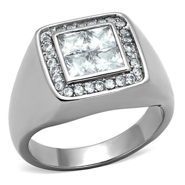 TK1608-10 Men High Polished Stainless Steel Ring with AAA Grade CZ in Clear - Size 10