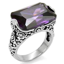 TK015-5 Women High Polished Stainless Steel Ring with AAA Grade CZ in Amethyst - Size 5