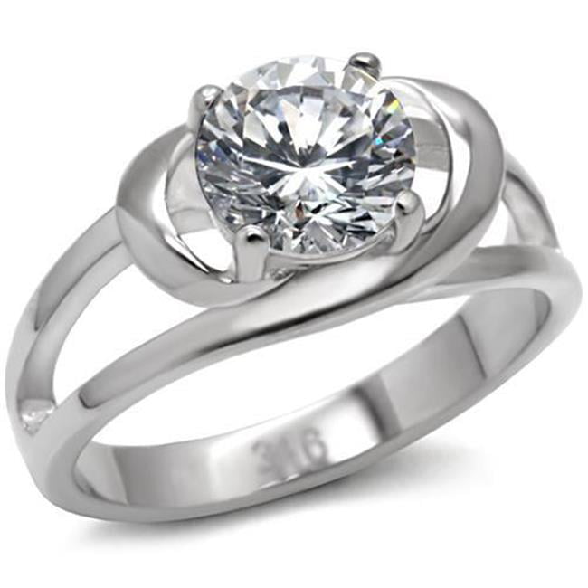 TK066-6 Women High Polished Stainless Steel Ring with AAA Grade CZ in Clear - Size 6