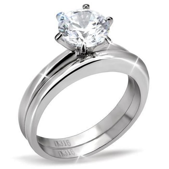 TK097-8 Women High Polished Stainless Steel Ring with AAA Grade CZ in Clear - Size 8