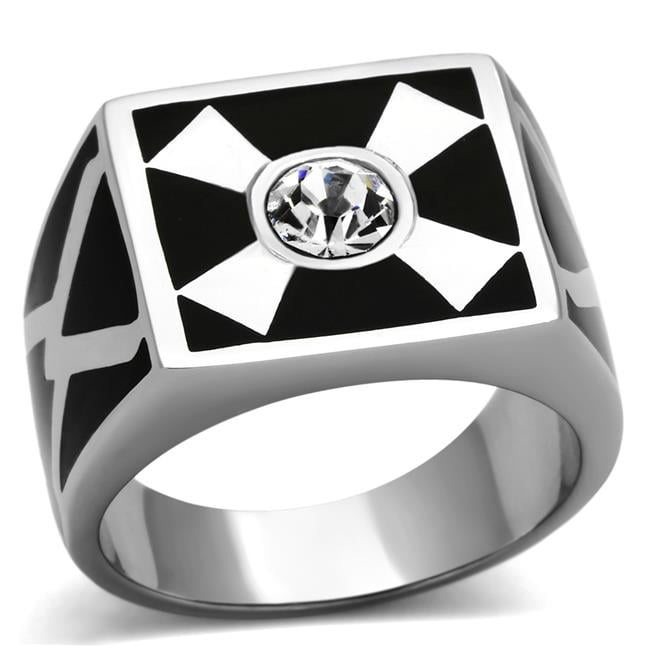 TK1052-9 Men High Polished Stainless Steel Ring with Top Grade Crystal in Clear - Size 9