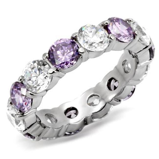 TK109-5 Women High Polished Stainless Steel Ring with AAA Grade CZ in Amethyst - Size 5