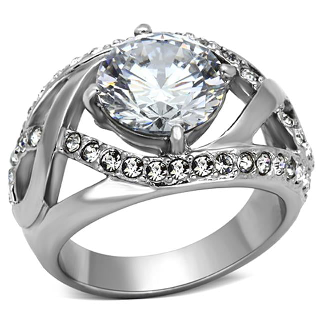 TK1176-5 Women High Polished Stainless Steel Ring with AAA Grade CZ in Clear - Size 5