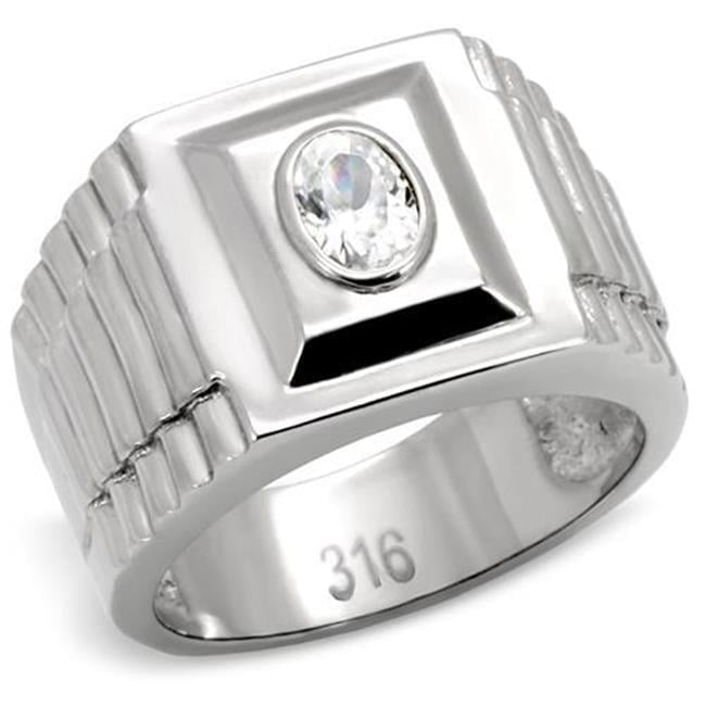 TK122-12 Men High Polished Stainless Steel Ring with AAA Grade CZ in Clear - Size 12