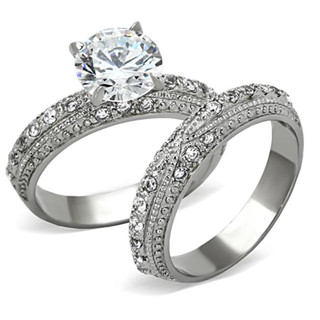 TK1228-8 Women High Polished Stainless Steel Ring with AAA Grade CZ in Clear - Size 8