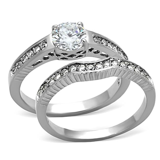 TK1231-7 Women High Polished Stainless Steel Ring with AAA Grade CZ in Clear - Size 7
