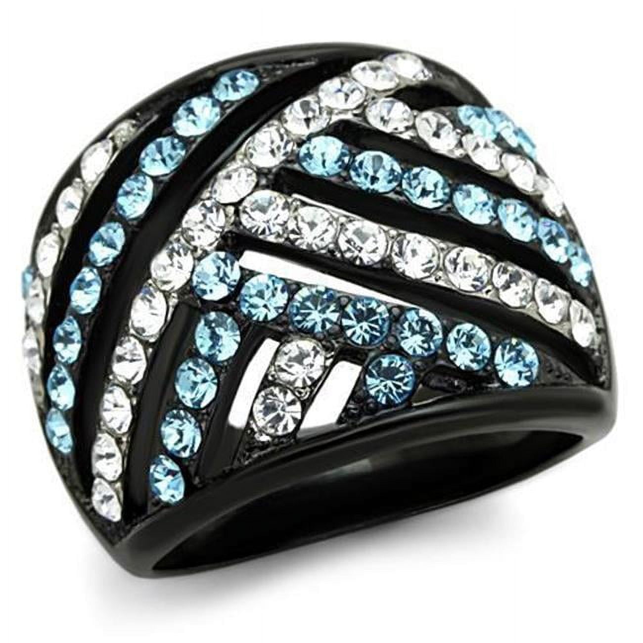 TK1663-6 Women Two-Tone IP Black Stainless Steel Ring with Top Grade Crystal in Sea Blue - Size 6