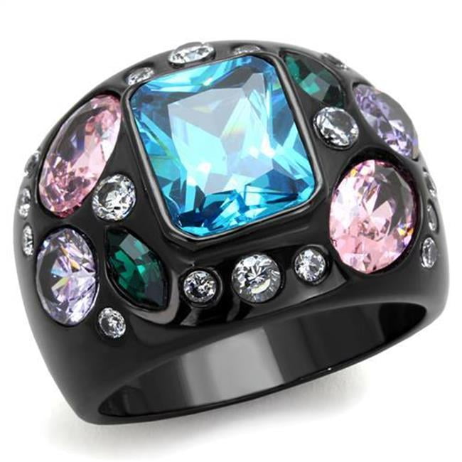 TK1790-9 Women IP Black Stainless Steel Ring with AAA Grade CZ in Sea Blue - Size 9