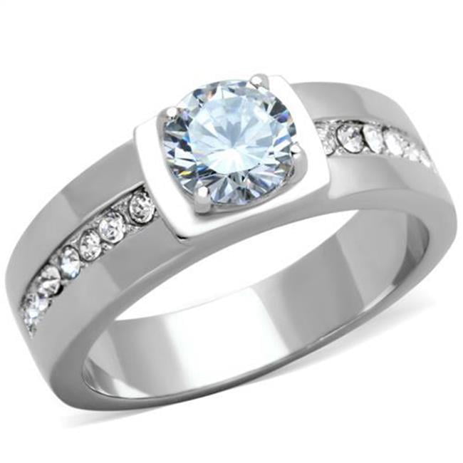 Men High Polished Stainless Steel Ring with AAA Grade CZ in Clear - Size 8