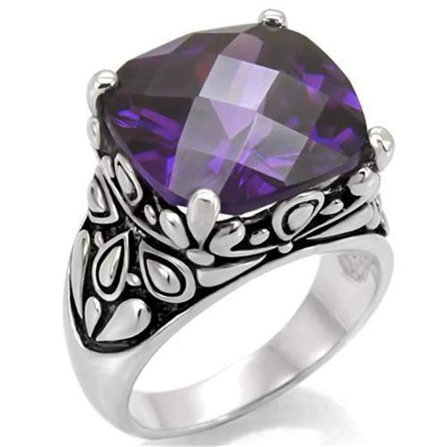 TK016-10 Women High Polished Stainless Steel Ring with AAA Grade CZ in Amethyst - Size 10