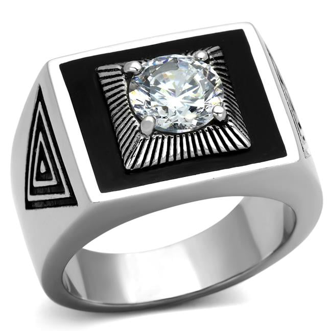 TK1053-12 Men High Polished Stainless Steel Ring with AAA Grade CZ in Clear - Size 12