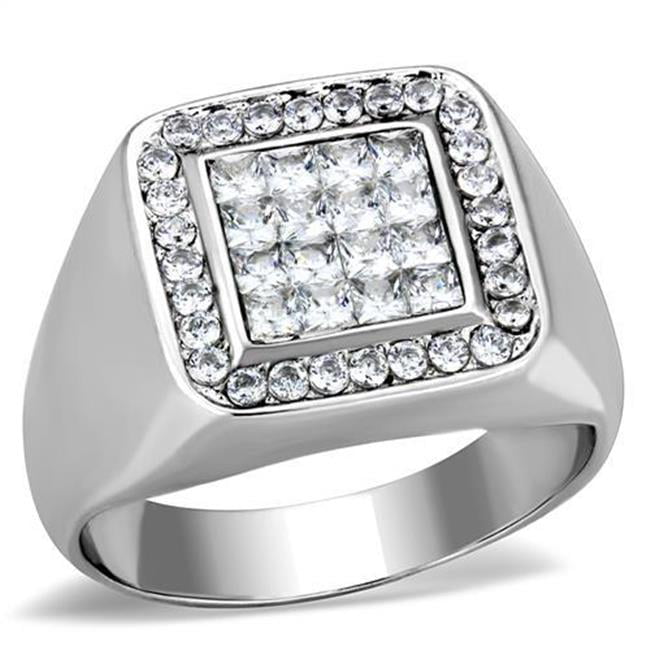 TK1802-9 Men High Polished Stainless Steel Ring with AAA Grade CZ in Clear - Size 9