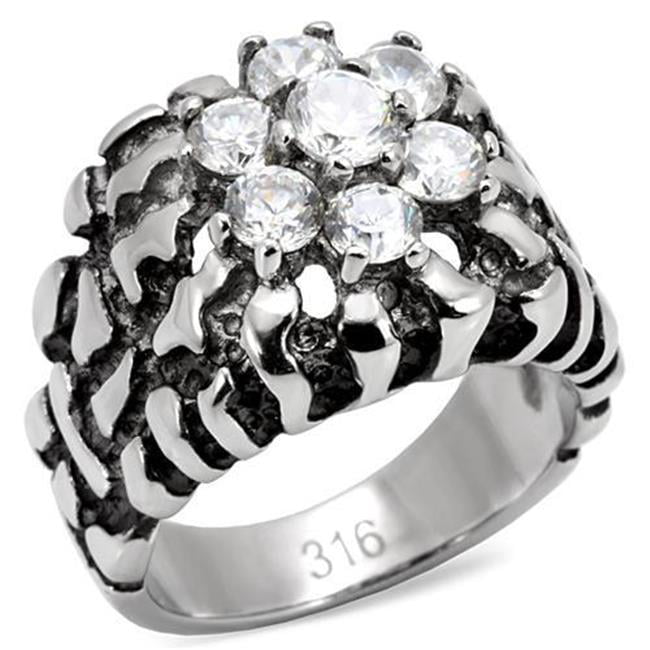 TK125-11 Men High Polished Stainless Steel Ring with AAA Grade CZ in Clear - Size 11