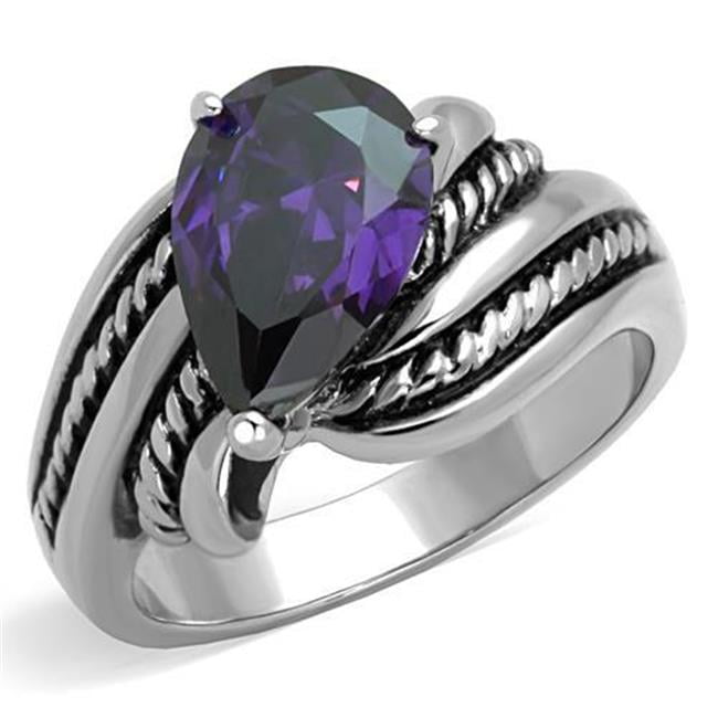 TK1515-5 Women High Polished Stainless Steel Ring with AAA Grade CZ in Amethyst - Size 5