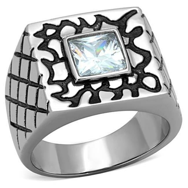 TK1607-9 Men High Polished Stainless Steel Ring with AAA Grade CZ in Clear - Size 9