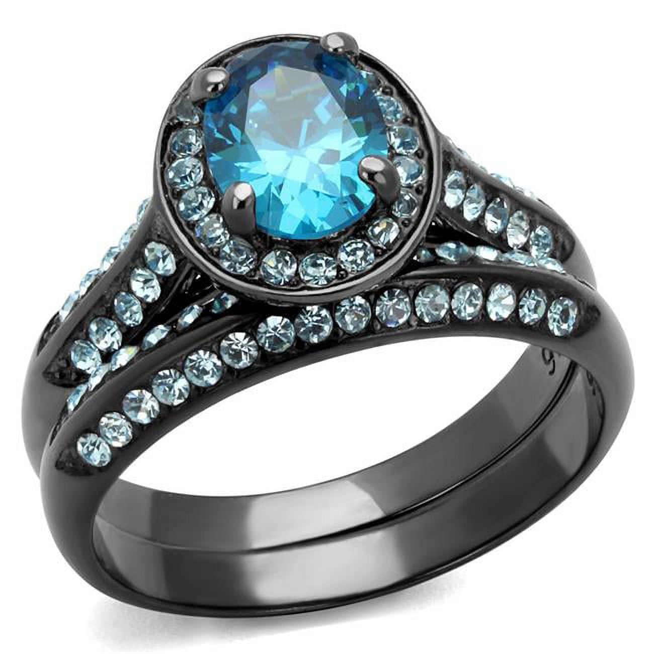 Women IP Light Black Stainless Steel Ring with AAA Grade CZ in Sea Blue - Size 9