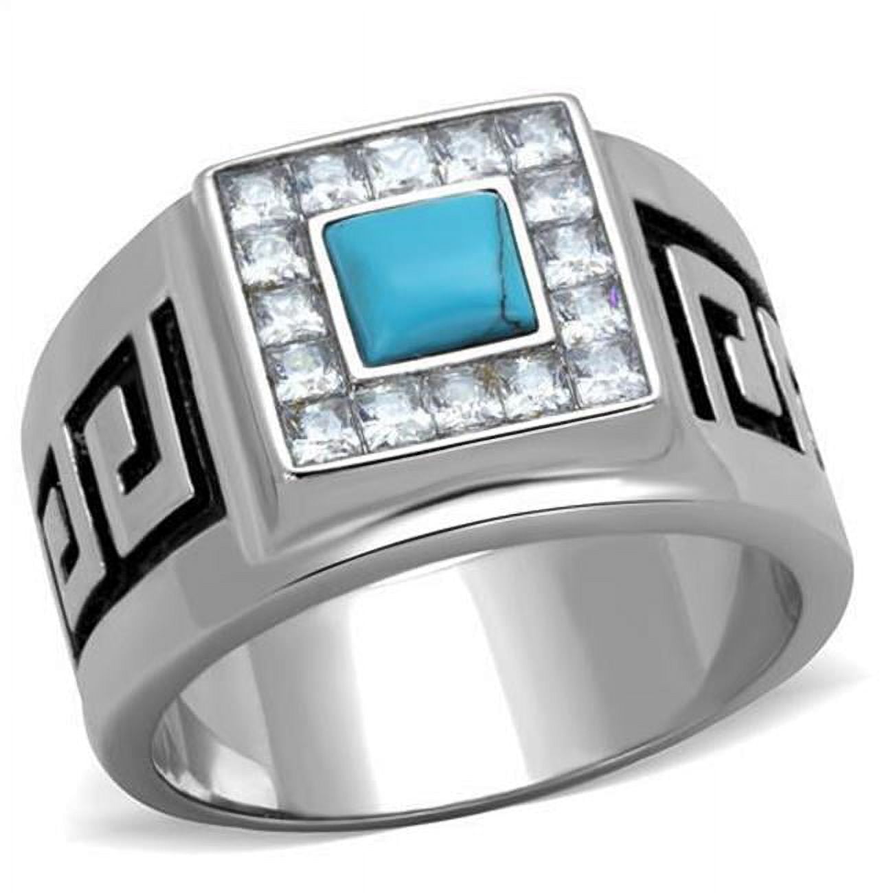TK2053-8 Men High Polished Stainless Steel Ring with Synthetic in Sea Blue - Size 8