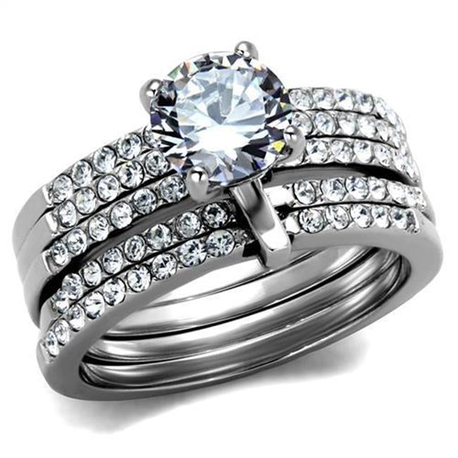 Women High Polished Stainless Steel Ring with AAA Grade CZ in Clear - Size 9