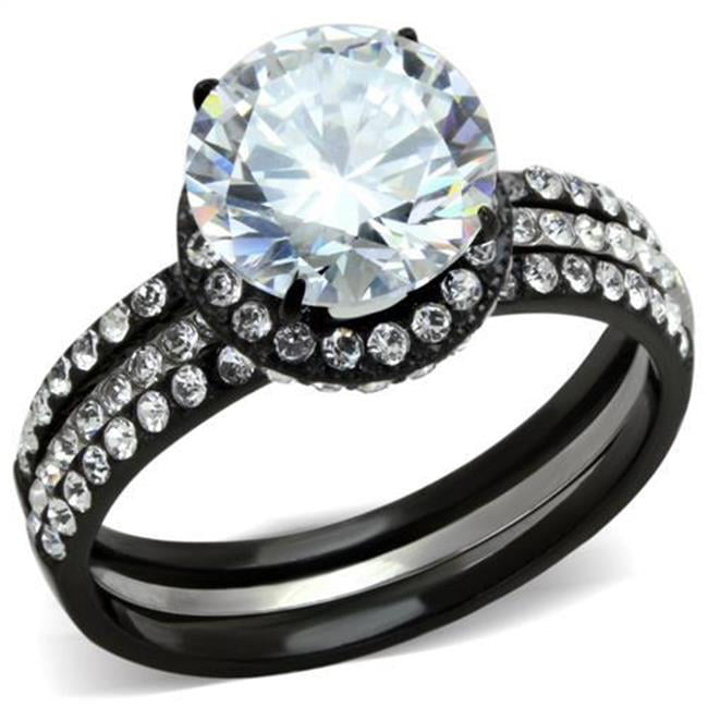 Women Two-Tone IP Black Stainless Steel Ring with AAA Grade CZ in Clear - Size 6