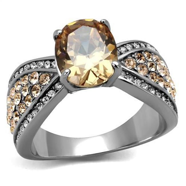 Women High Polished Stainless Steel Ring with AAA Grade CZ in Champagne - Size 9