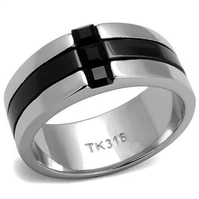 TK2516-13 Men High Polished Stainless Steel Ring with Top Grade Crystal in Jet - Size 13
