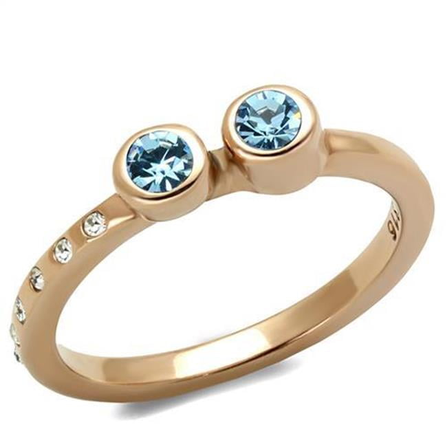 Women IP Rose Gold Stainless Steel Ring with Top Grade Crystal in Sea Blue - Size 6