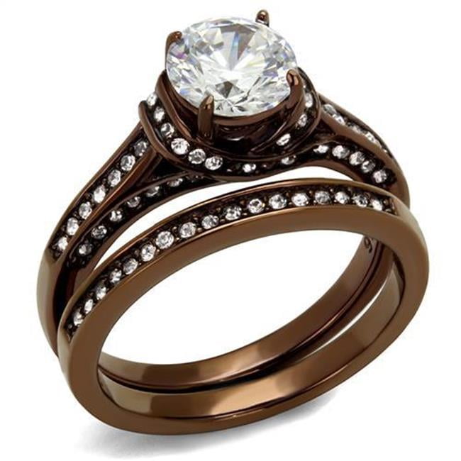 Women IP Coffee Light Stainless Steel Ring with AAA Grade CZ in Clear - Size 6