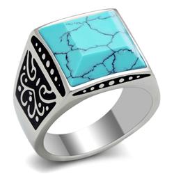 TK304-8 Men High Polished Stainless Steel Ring with Synthetic in Sea Blue - Size 8