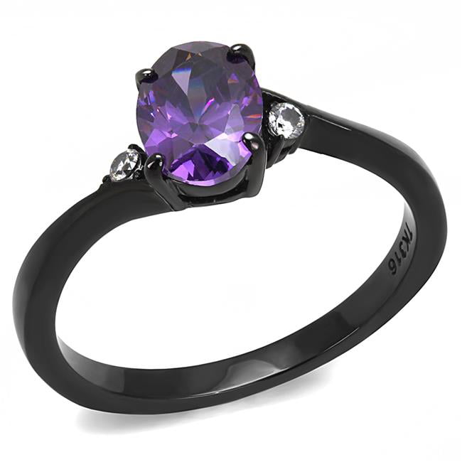 Women IP Black Stainless Steel Ring with AAA Grade CZ in Amethyst - Size 6