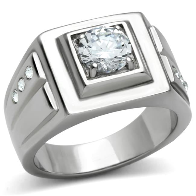 Men High Polished Stainless Steel Ring with AAA Grade CZ in Clear - Size 11