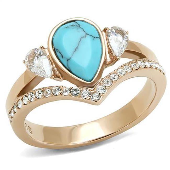 Women IP Rose Gold Stainless Steel Ring with Synthetic in Sea Blue - Size 6
