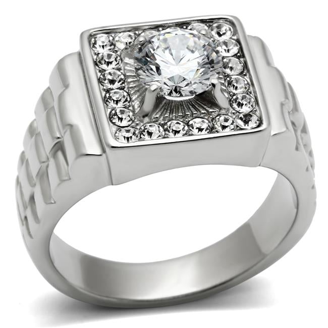 Men High Polished Stainless Steel Ring with AAA Grade CZ in Clear - Size 11