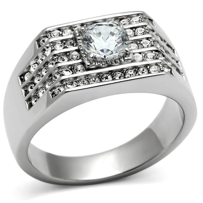 Men High Polished Stainless Steel Ring with AAA Grade CZ in Clear - Size 13