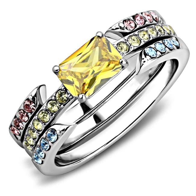 Women High Polished Stainless Steel Ring with AAA Grade CZ in Topaz - Size 8