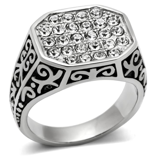 Men High Polished Stainless Steel Ring with Top Grade Crystal in Clear - Size 12