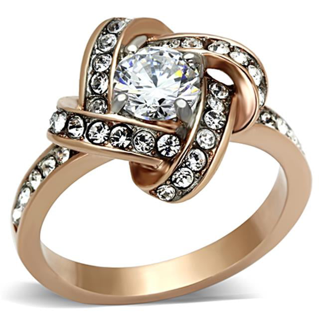 Women Two-Tone IP Rose Gold Stainless Steel Ring with AAA Grade CZ in Clear - Size 9