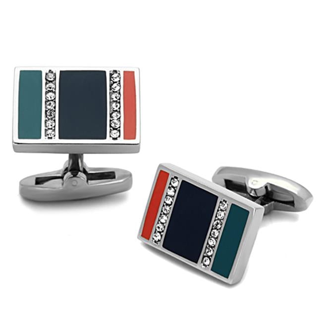 Picture of Alamode TK1245 Men High Polished Stainless Steel Cufflink with Top Grade Crystal in Clear