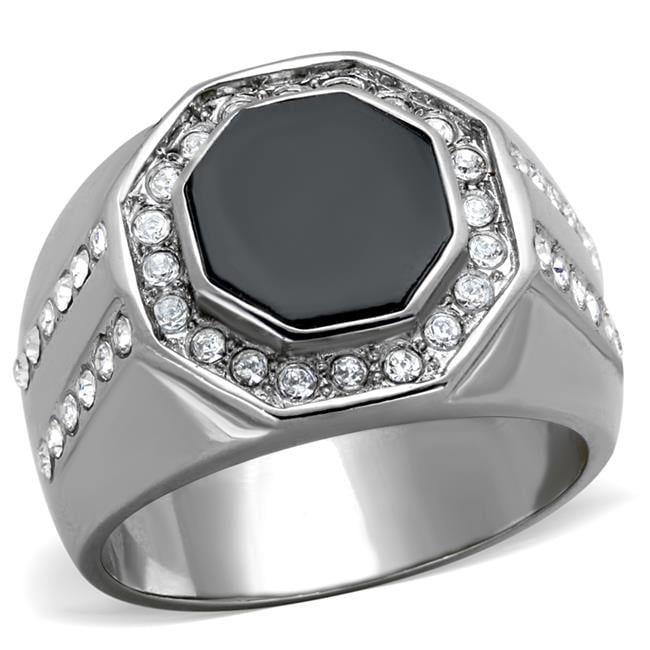 Men High Polished Stainless Steel Ring with Top Grade Crystal in Clear - Size 13