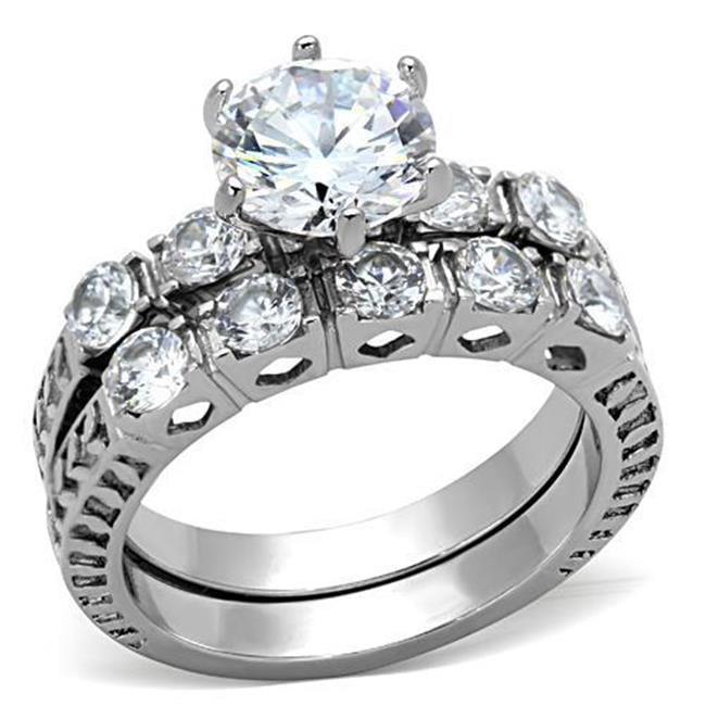 Women High Polished Stainless Steel Ring with AAA Grade CZ in Clear - Size 7