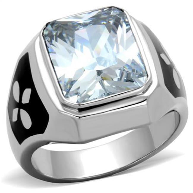 Men High Polished Stainless Steel Ring with AAA Grade CZ in Clear - Size 8